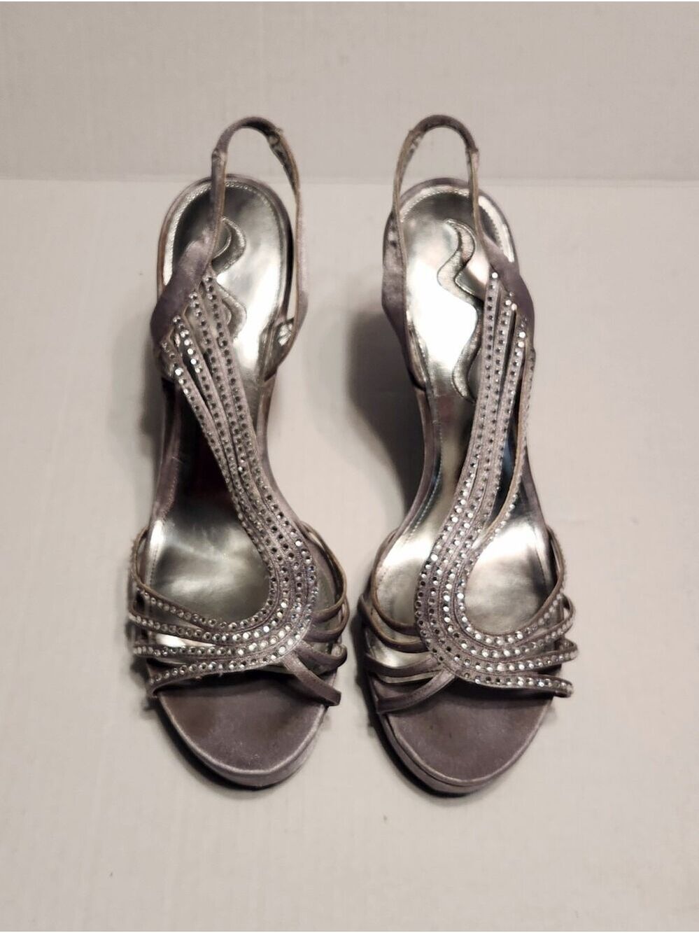 Nina Satin Rhinestone Strappy Sling Back Stiletto Dressy Party Sandals Silver 10 - Picture 4 of 11